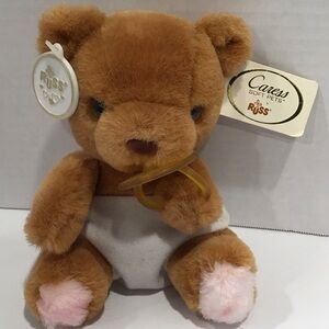 Vintage Russ Cares Soft Pets Brown and Pink Teddy Bear paci bibi &diaper